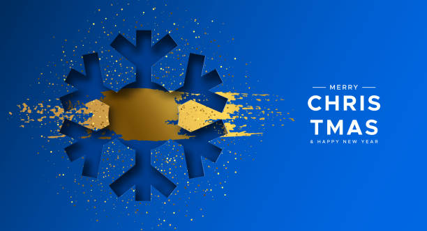 frohe weihnachten und neujahr karte gold papierschnitt schneeflocke illustration - snowflake winter blue paper stock-grafiken, -clipart, -cartoons und -symbole