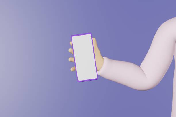 istock Hand holds mobile phone purple background 3d rendering. Smartphone screen mockup Blank gadget display advertising design 1441967964