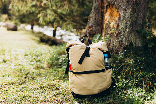 Yellow Backpack and water in forest. Hiking equipment on footpath in woodland. View from front tourist traveler bag with forest background. Travel concept