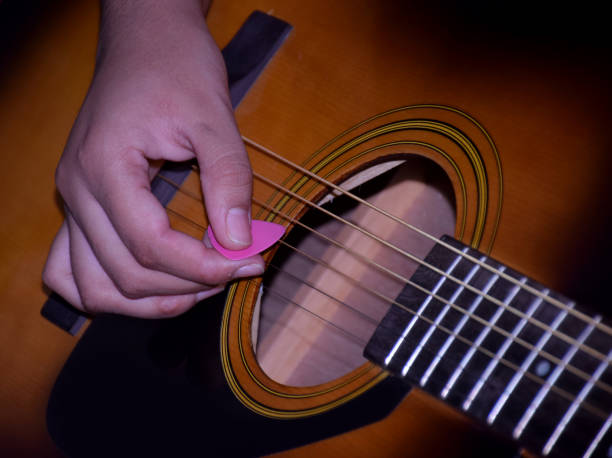 Hand of lady playing a guitar with a guitar pick