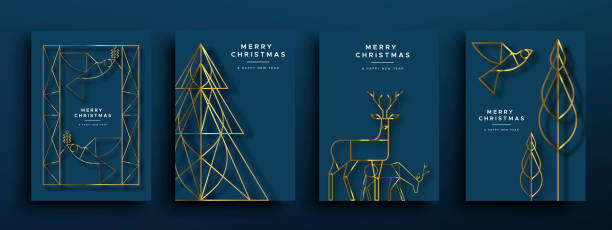 Merry Christmas and New Year blue set template cover Merry Christmas Happy New Year greeting card illustration set of gold winter forest animals in outline art deco style. Festive collection in blue holiday design includes reindeer, dove bird and pine tree. art deco christmas tree stock illustrations