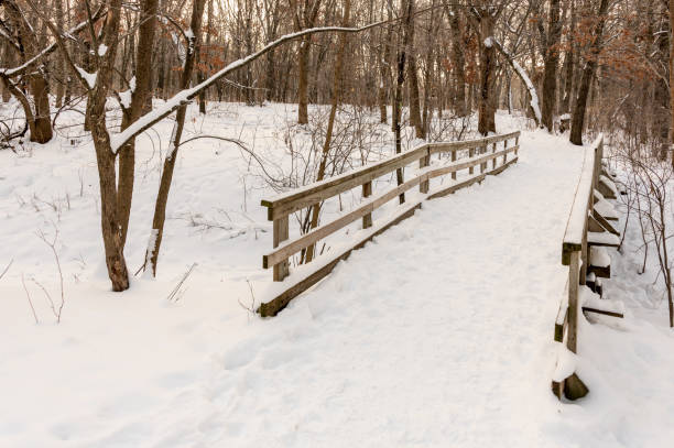 Wooden footbridge covered in snow stock photo