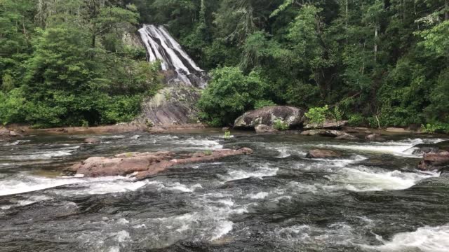 The Chattooga River and waterfalls flowing in the rain