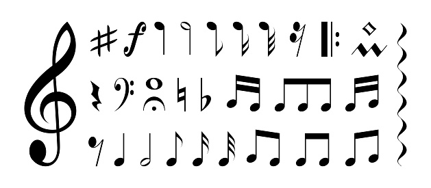 Music notes. Musical song melody tune clef icons, symphony sound tone stave sheet design flat simple style. Vector isolated collection of melody clef classical illustration