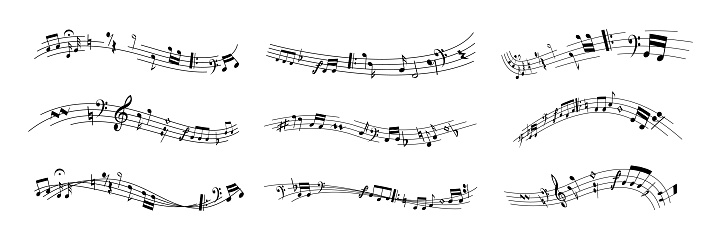 Music notes decoration. Doodle melody tune key symbols flowing on chords, rows of musical crotchets with curves and swirls. Vector isolated set of sound musical melody illustration