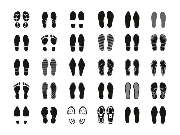 Footprint silhouette. Human footsteps shoe sole contour signs, people kids feet boots imprint for trail hiking trekking traceability. Vector isolated set Footprint silhouette. Human footsteps shoe sole contour signs, people kids feet boots imprint for trail hiking trekking traceability. Vector isolated set of imprint boot, human footwear illustration shoe print stock illustrations