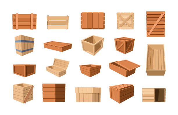 Wood container. Cartoon warehouse with wooden boxes crates pallets containers for delivery goods, market shipment distribution packaging. Vector set Wood container. Cartoon warehouse with wooden boxes crates pallets containers for delivery goods, market shipment distribution packaging. Vector set of container wood for warehouse crate stock illustrations