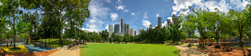 KLCC Park, Kuala Lumpur, Malaysia, . People walking and resting at the park. 360 Panoramic