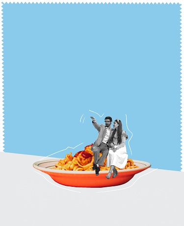 Food pop art photography. Contemporary artwork. Creative design with young couple, man and woman sitting on pasta. Dinner date. Concept of creativity, degustation, retro style. Complementary colors.