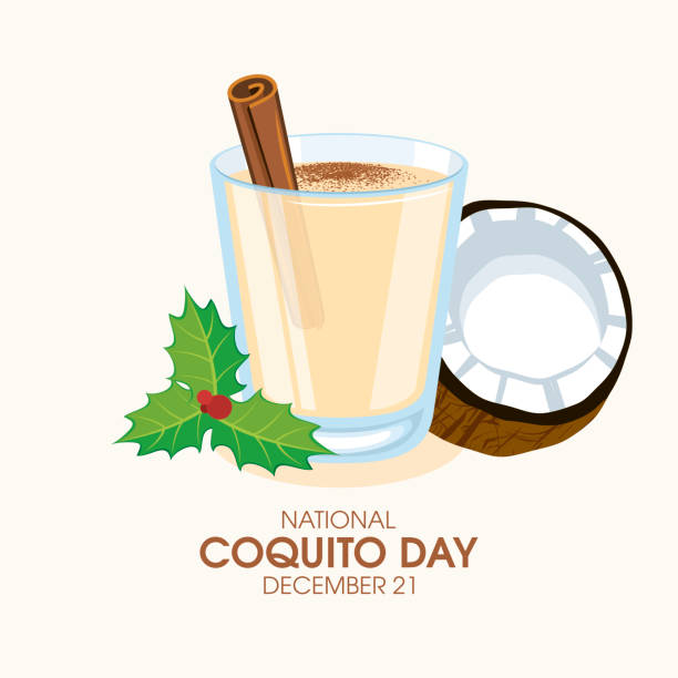 National Coquito Day vector Puerto Rican eggnog with cinnamon and coconut milk icon vector. Traditional christmas holiday drink coquito drawing. December 21. Important day christmas eggnog stock illustrations