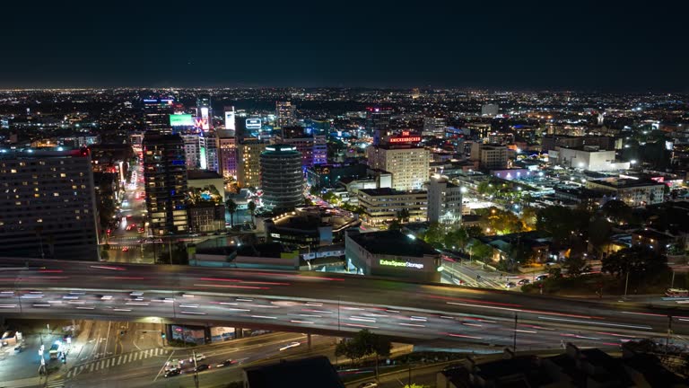 Left Moving Aerial Hyper-lapse of Hollywood Freeway at Night