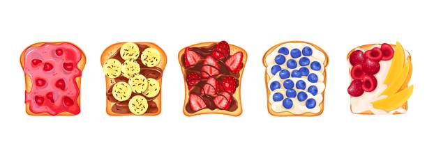 Sweet Toasts With Different Toppings Set Sweet toasts with different toppings set vector illustration. Cartoon isolated slices of toasted bread with chocolate sauce, sugar jam or fresh fruit and berry, top view of sandwiches for kids mango jam stock illustrations
