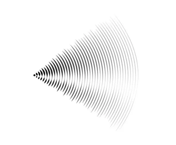 Vector illustration of Sound wave signal. Radio or music audio concept. Epicentre or radar icon. Radial signal or vibration elements. Impulse curve lines. Concentric ripple semi circle. Vector