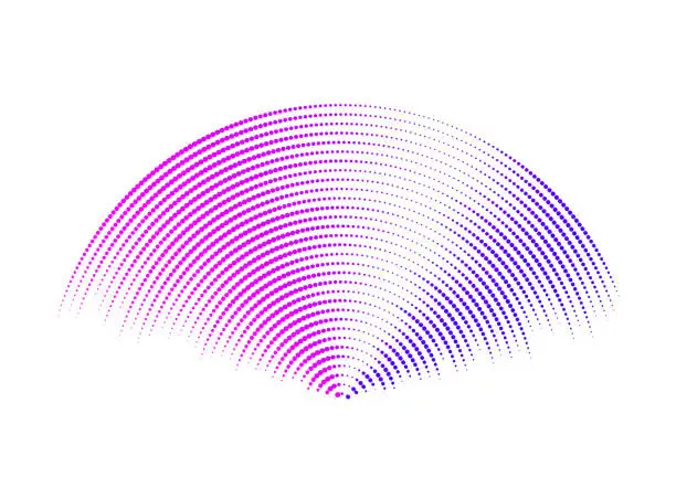 Vector illustration of Purple sound wave signal. Radio or music audio concept. Epicentre or radar icon. Radial signal or vibration elements. Impulse curve lines. Concentric ripple semi circles. Vector