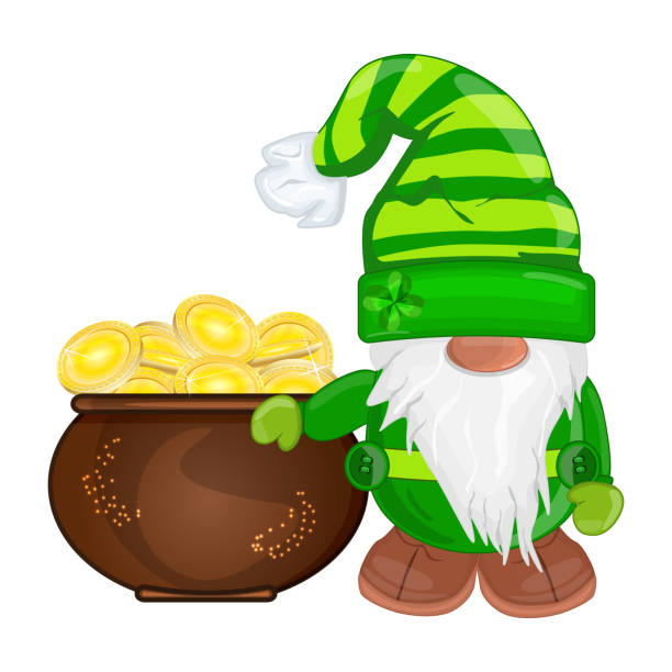 Patrick gnome with pot of gold isolated on white background. St. Patricks Day concept. vector art illustration