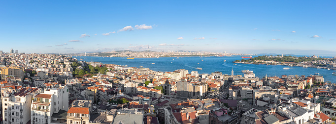 Historical Ortakoy(Mecidiye) mosque and Bosphorus view.People watching the sea.İstanbul,Turkey.20 May 2021