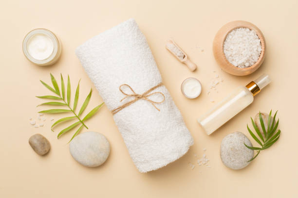 istock Composition with spa products on color background, top view 1441979702