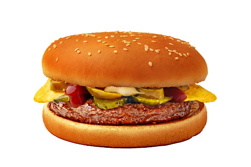 Fresh burger with beef patty isolated on white background, close up