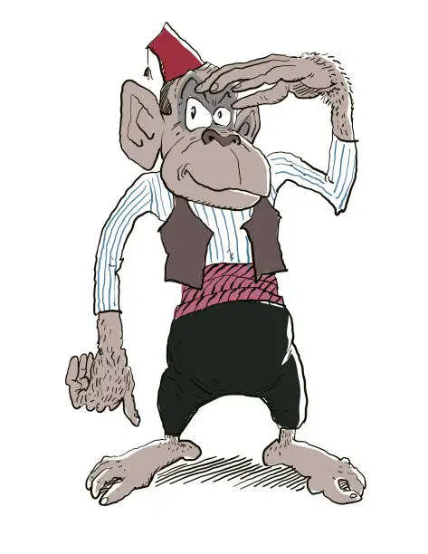 Vector illustration of a monkey wearing a fez hat and authentic arab middle eastern clothing