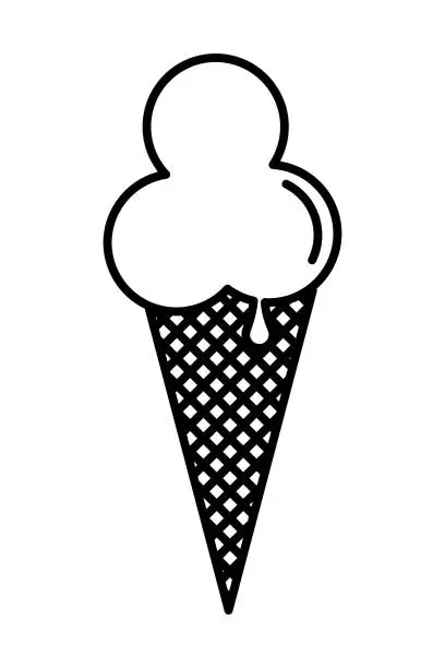 Vector illustration of Ice cream in sugar cone line icon. Glaze, chocolate, on a stick, ice cream, frozen juice, in a sugar glass, sweetness. Yummy concept. Vector black line icon on a white background