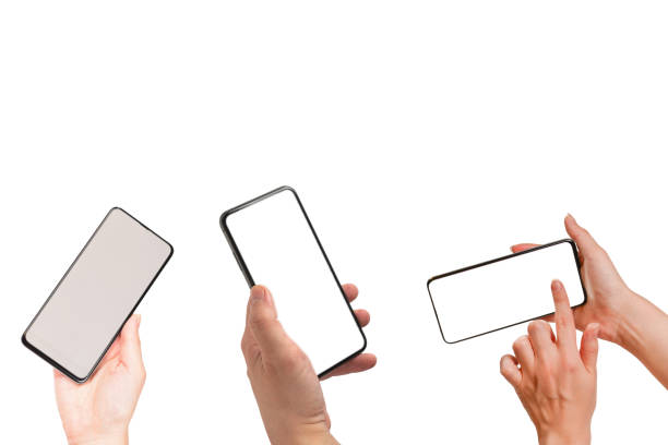 istock Smart phone in woman hands isolated on white background.  White screen. Copy space. 1441986615