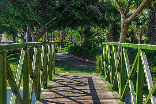 Beautiful summer landscape. View of the path and the bridge in a green garden with green trees along the embankment in Kemer, Turkey. In the background are beautiful mountains and the sea.