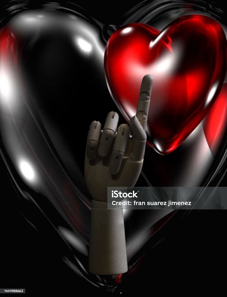 wooden hand with the finger pointed up wooden hand with the finger pointed up with a colored heart in the background Activity Stock Photo