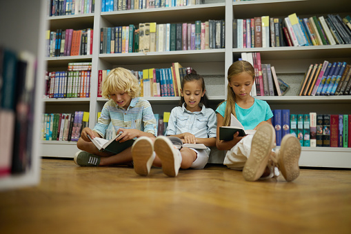 Preschooler Girl is Picking a Book at The Library. She is a Bookworm.