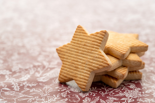 Freshly baked star shaped butter shortbread cookies for Christmas