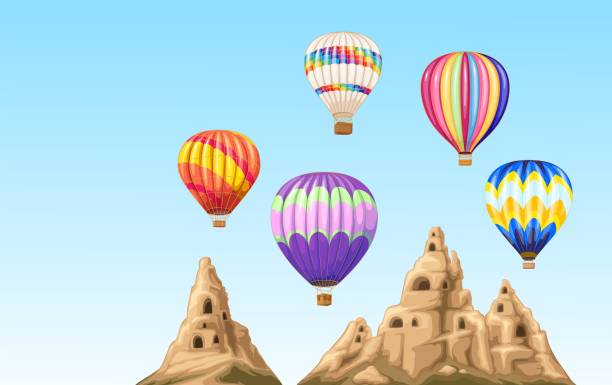 Hot Air Balloons Fly in Cappadocia Hot air balloons fly over mountains of Cappadocia in Turkey vector illustration. Cartoon Turkish landscape with rocks and nature, romantic flight of balloons with color pattern and baskets in blue sky cappadocia balloon stock illustrations