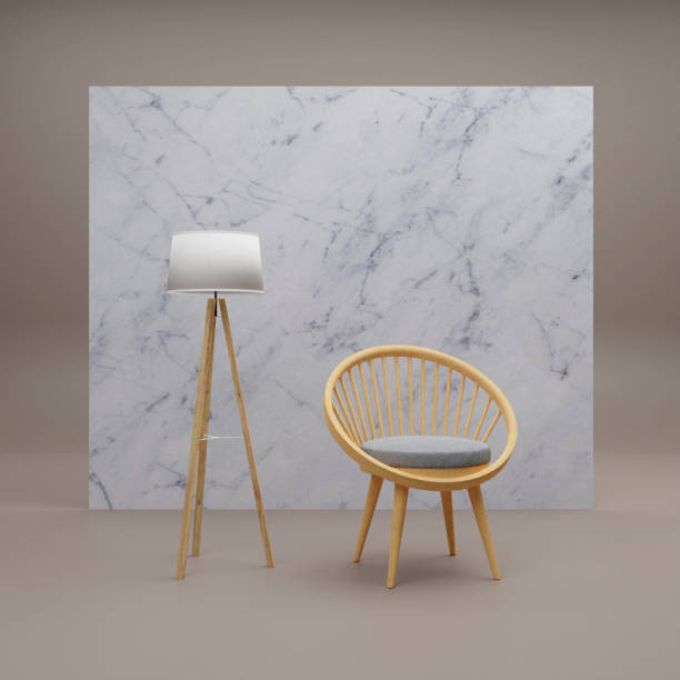 istock 3D rendering wood chair and lamp on white marble background 1441993309
