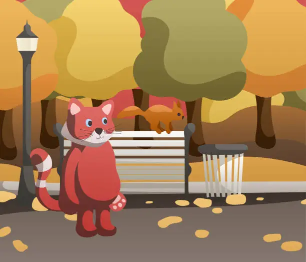 Vector illustration of Illustration of the autumn park. The red panda met the squirrel on the bench. Colorful trees of red, green, yellow and orange colors, fallen leaves on the ground. Ready to use eps for your design
