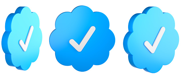 Marca de verificación azul en tres versiones rotadas. Concepto de cuentas de Twitter autenticadas. Aislado sobre fondo transparente. photo