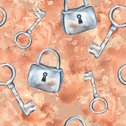 Rusty Iron Key And A Lock Seamless Pattern Watercolor Illustration ...