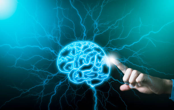 istock Concept of business ideas and data storage, Businessman hand touching Virtual reality man with symbol neurons in the brain, network connection on glitter bright lights blue background, 1441994254
