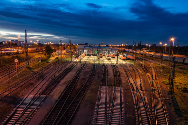 Cargo train depot by Deutsche Bahn in Mannheim. Shot during the blue hour.