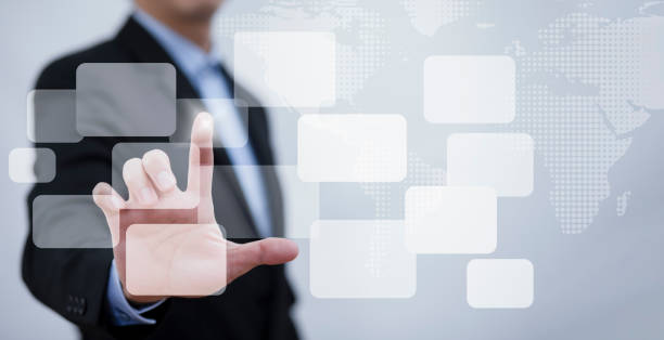 istock Businessman pushing touch screen button empty  on the graph Screen Icon of media screen, Technology Process System Business with Communication,Concept Business, technology, social media. 1441994544