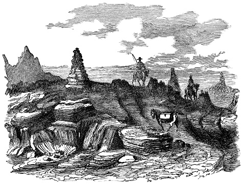 Dimmuborgir (Dark Castles) lava fields in Iceland. Vintage etching circa 19th century.