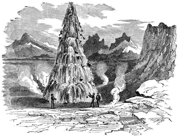 Strokkur geyser at Haukadalur valley in Iceland. Vintage etching circa 19th century.