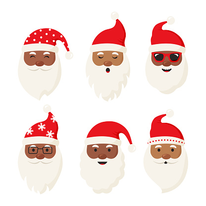 Black Santa Claus face icon, Christmas cartoon character head vector, cute winter man with breard and hat isolated on background. Holiday illustration