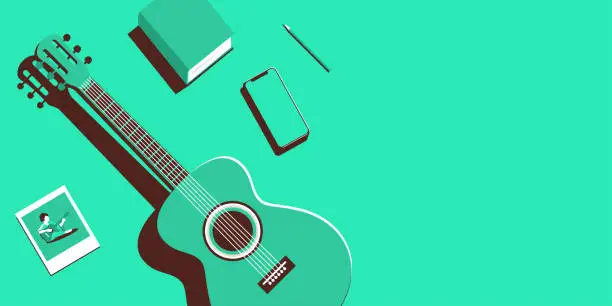 Vector illustration of Guitar and other things on a mint green surface in a monochrome style. Nearby place for text or copy space