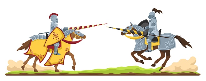 Knights tournament. Medieval knight in armor on horseback, chivalry horse battle with two opponents cartoon vector illustration. Nobel horseman in metal suits, warriors with weapons
