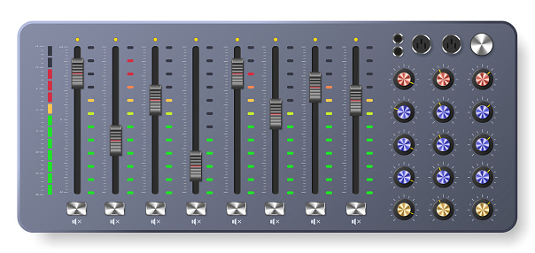 Audio mixer board. Multitrack mixing controller, sound level sliders panel with controllers and knobs vector illustration. Volume adjustment, professional equipment with audio regulators