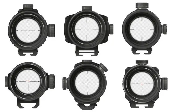 Vector illustration of Sniper optical sight. Military sniper POV, aiming rifle and zoom scope. Telescope for weapons 3D vector Illustration set