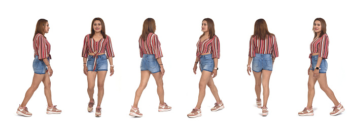 group of  various poses of the same woman with sneaker and shorts walking on  white background