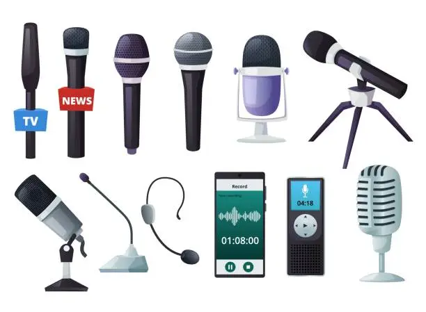 Vector illustration of Cartoon microphones. Vintage vocal mic, interview audio recording dictaphone and music studio equipment vector set