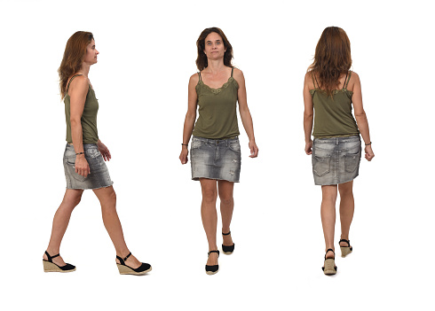 front,side and back  view of a  woman with denim skirt and spadrilles walking  on white background