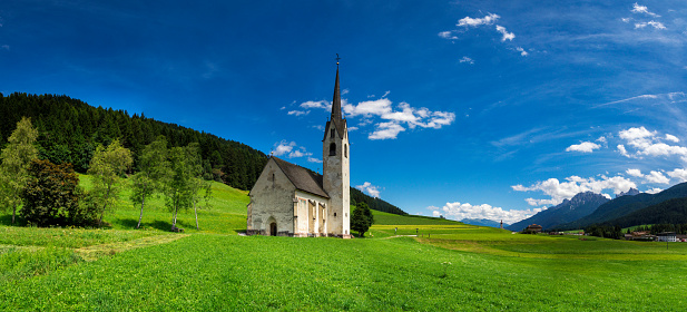 Panorama of the Saint Magdalina church near Villabassa in the Italian Dolomites