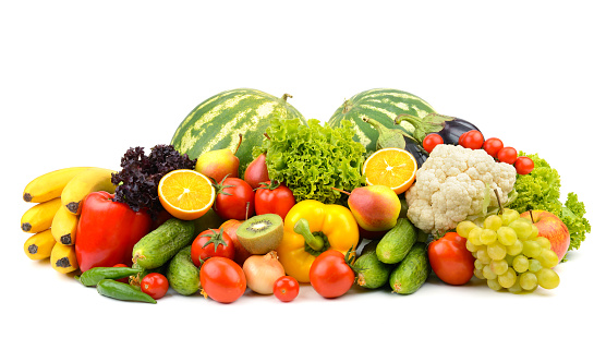 Fresh vegetables and fruits isolated not white background.