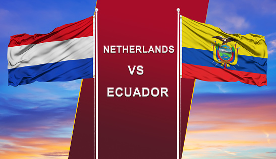 Netherlands vs. Ecuador  two flags on flagpoles and blue cloudy sky background.Soccer matchday template
